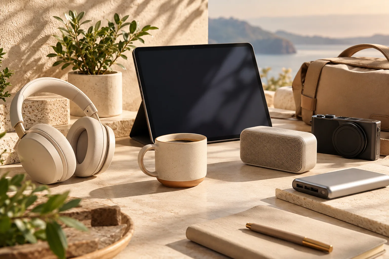 Curated everyday technology and travel accessories on a warm sunlit desk